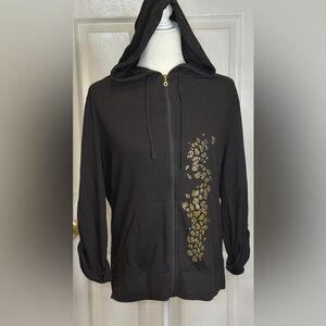 Sportelle Sweatshirt Lightweight Hoodie Black Gold Embellished Zip Up Size Large
